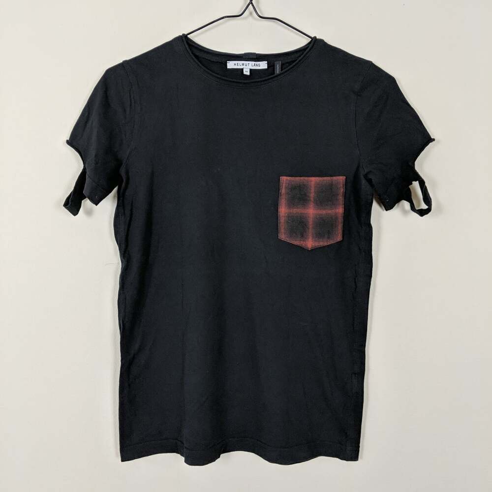 Helmut Lang Cutout Sleeve Shirt Womens XS Crew Neck Pocket Tee Black Plaid USA